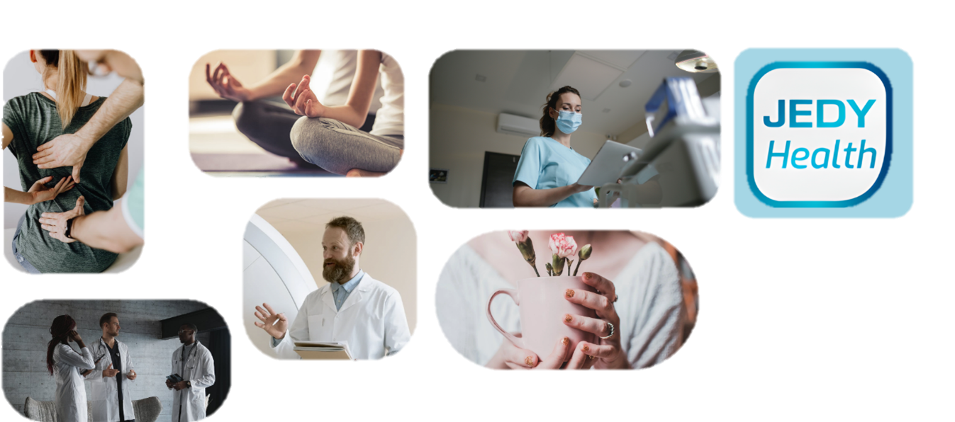 Collage de Medicos y dolencias, con logo de Jedy Health 